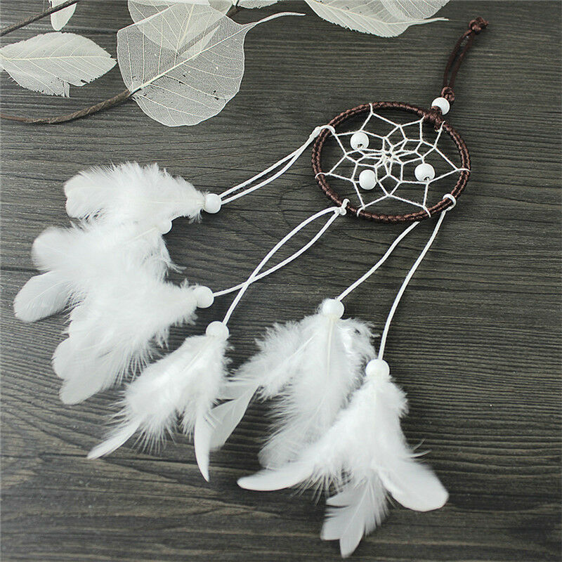 Dream Catcher With White Feather Beads Wall Hanging Decor Craft Car Ornam.l8