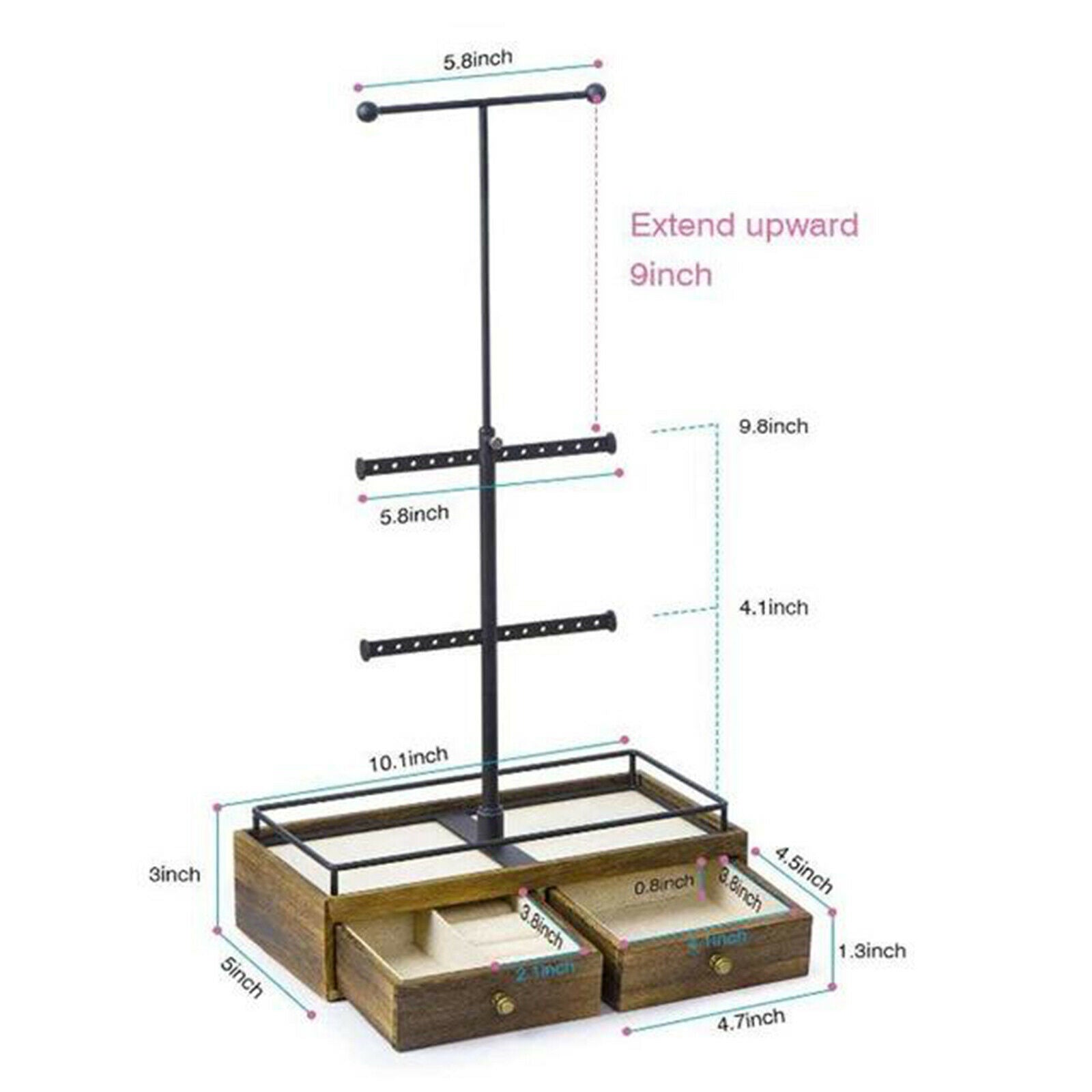 Metal & Wood 3 Tier Jewelry Stand  with Wooden Drawer Storage Box