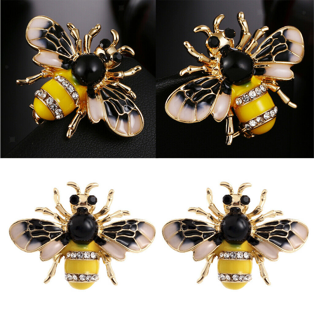 2 Pieces Rhinestone Enamel Bumble Bee Insect Animal Pin Badge Brooch