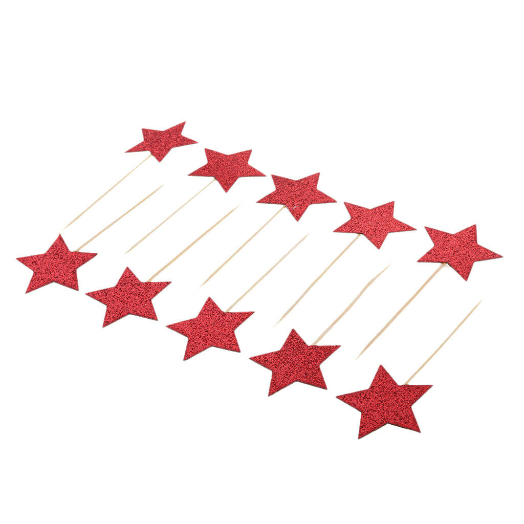 10Pcs Kids Birthday Cupcake Toppers Glitter Star Party Decor Baby Shower Red
