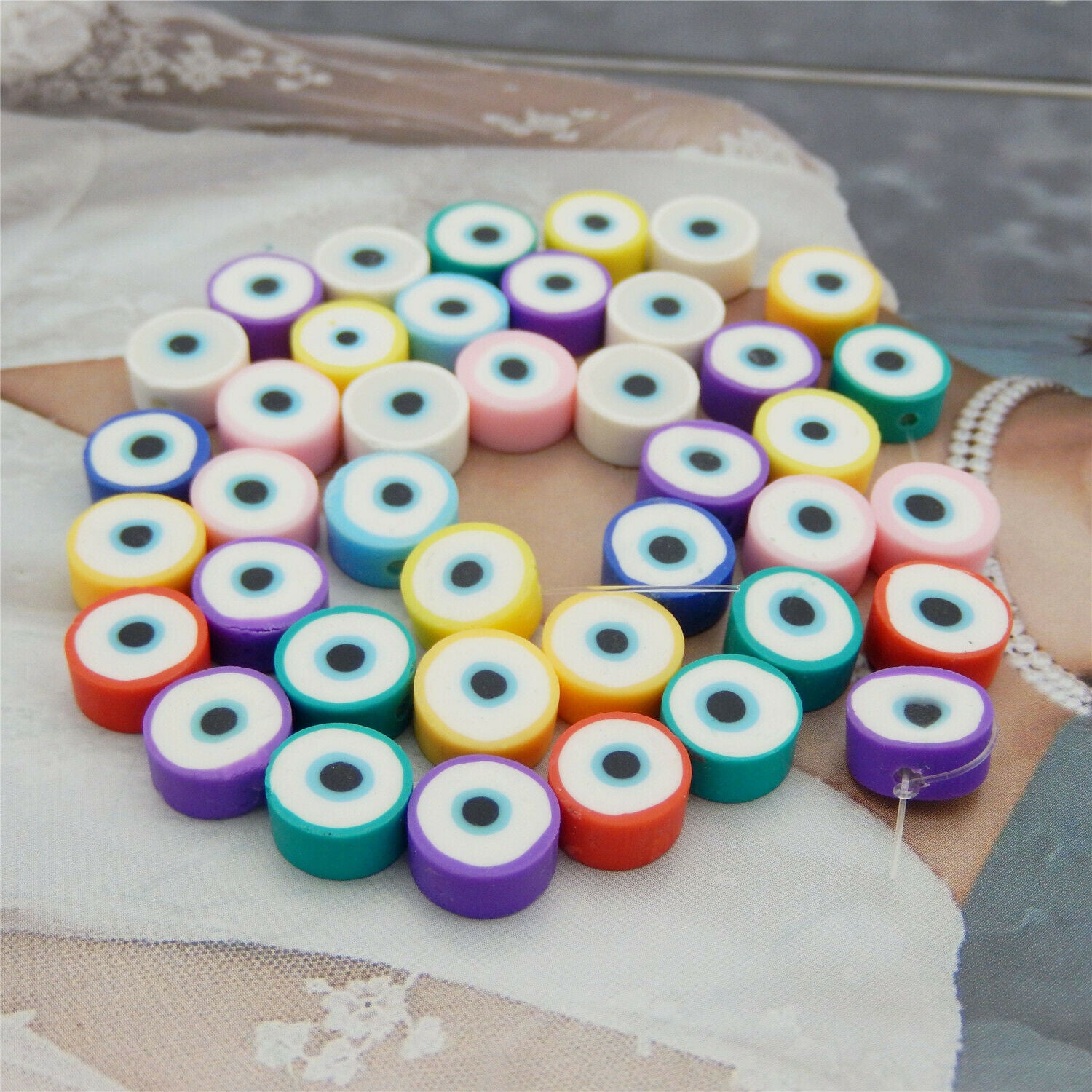 40 Assorted Round Polymer Clay Evil Eye Bead Bracelet Spacer Jewelry Craft 10mm