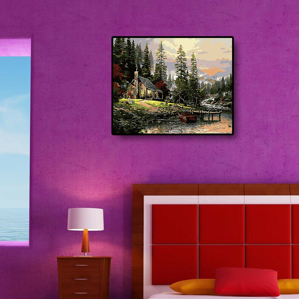 DIY Digital Oil Painting By Numbers Riverside Hut Canvas Acrylic Wall Art  @