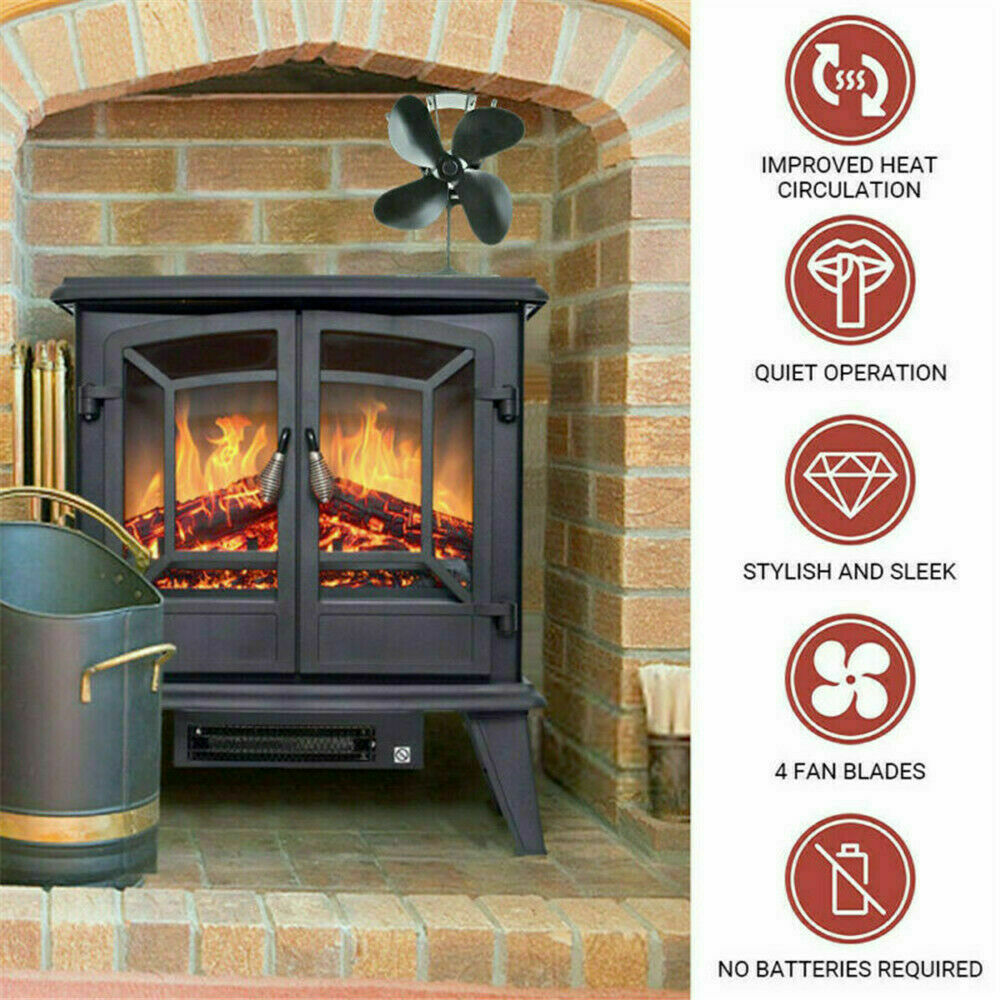4 Blades Wood Stove Fan Heat Powered Eco Fireplace Fan Log Burner Fuel Saving_US
