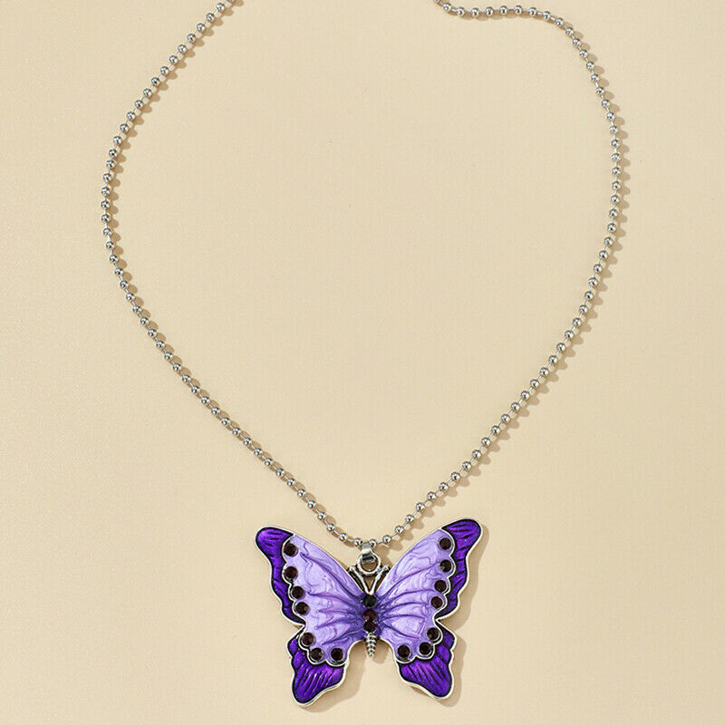New Fashion Women Purple Butterfly Pendant Bead Chain Choker Necklace Jew.l8