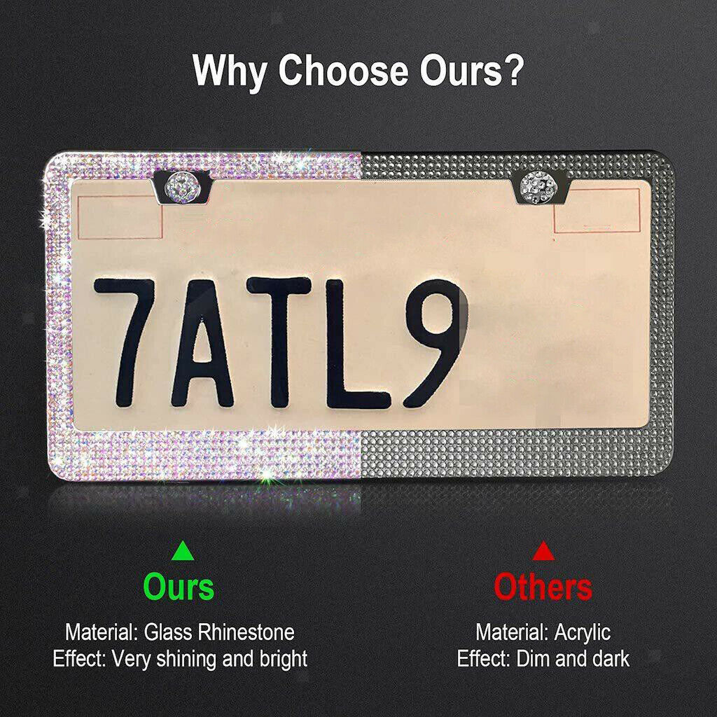2pc Bling Crystal License Plate Frame Diamond Stainless Steel Handcrafted