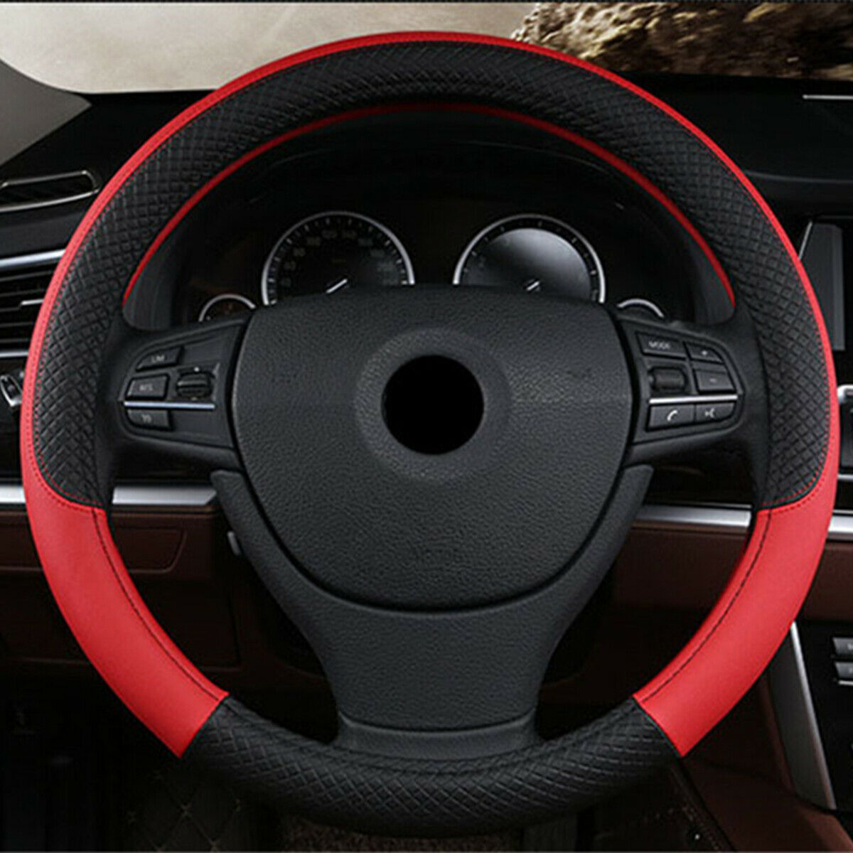 Black & Orange PU Leather Steering Wheel Cover 38CM Universal Sport Anti-Slip