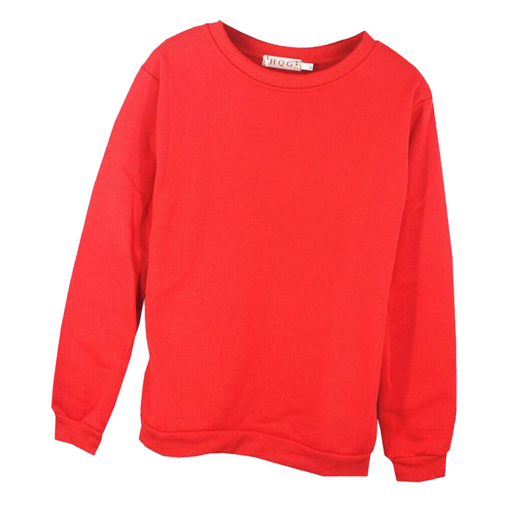 Red Solid Round Neck Long Sleeve Fleece Sweatshirts Unisex Loose Top 4XL