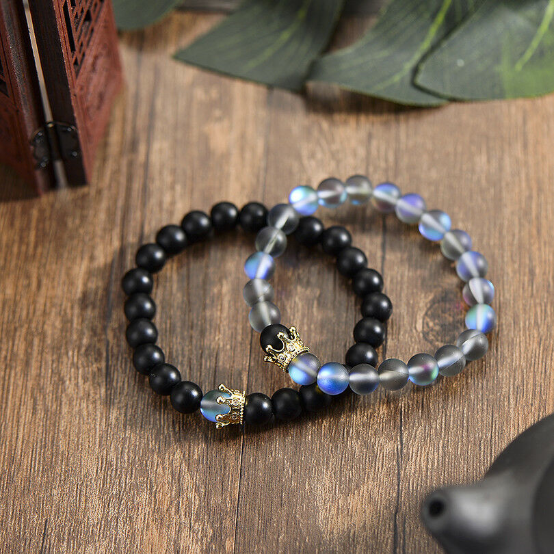 Luxury Couple His And Hers Distance Bracelets Moonstone Beads CZ Crown Lovers