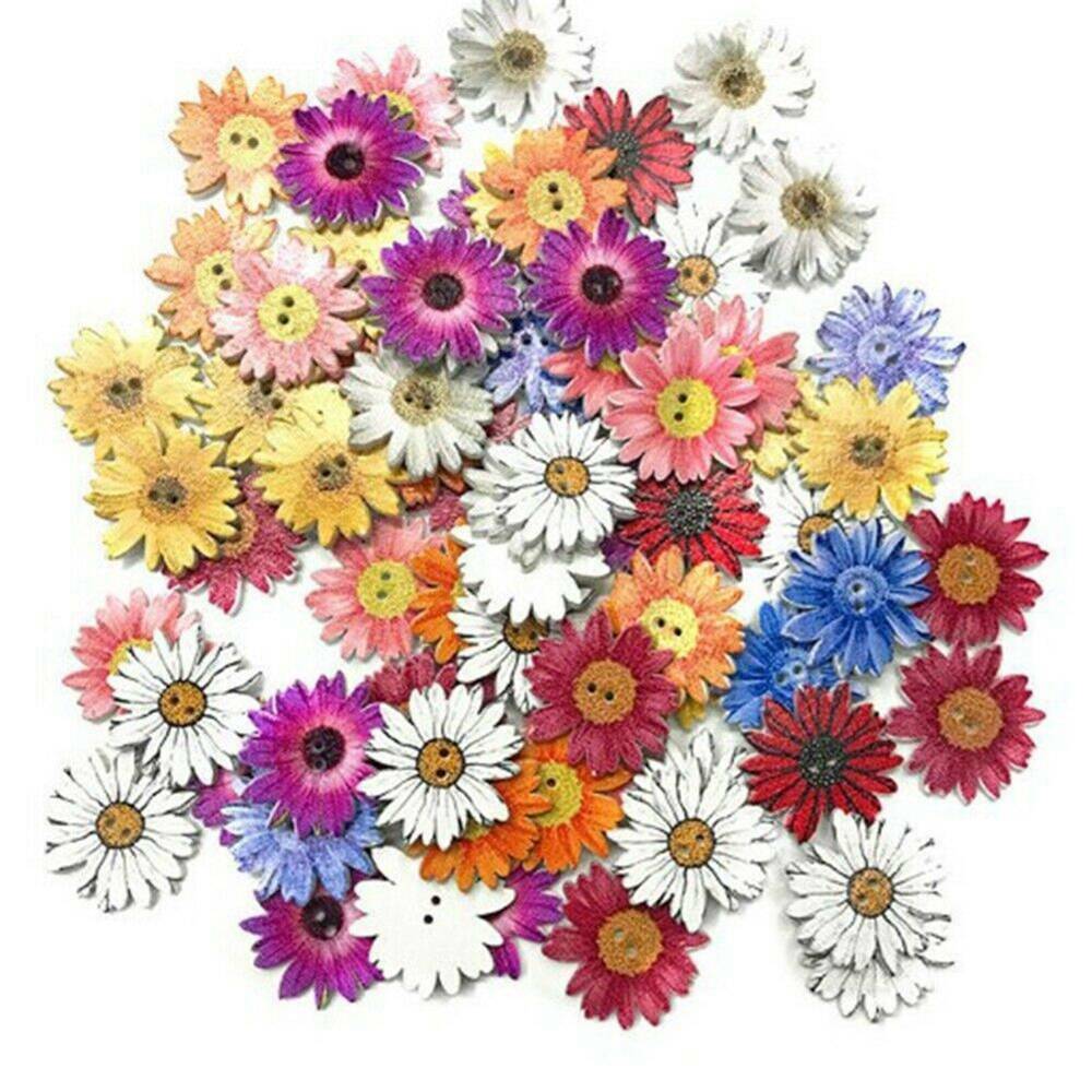 50Pcs DIY Wooden Buttons Sewing 2-holes Scrapbooking Button Crafts Flower Shape