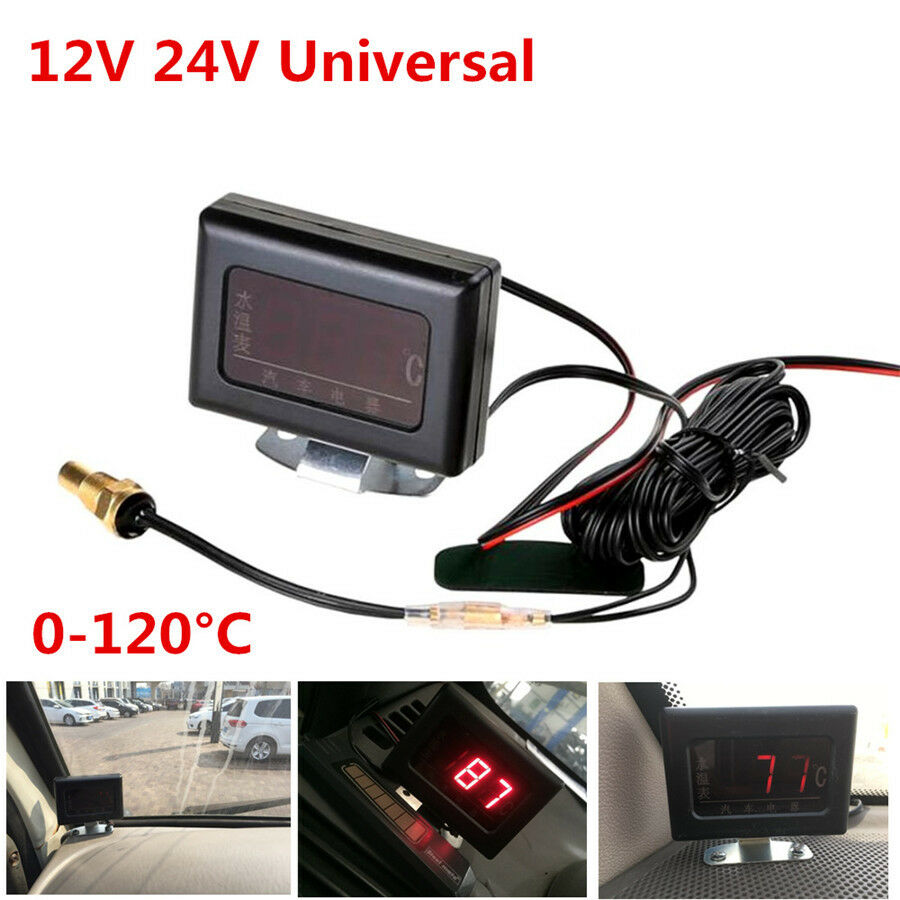 12V 24V Red Digital Water Temperature Gauges for Car + Sensor Head Plug 10MM