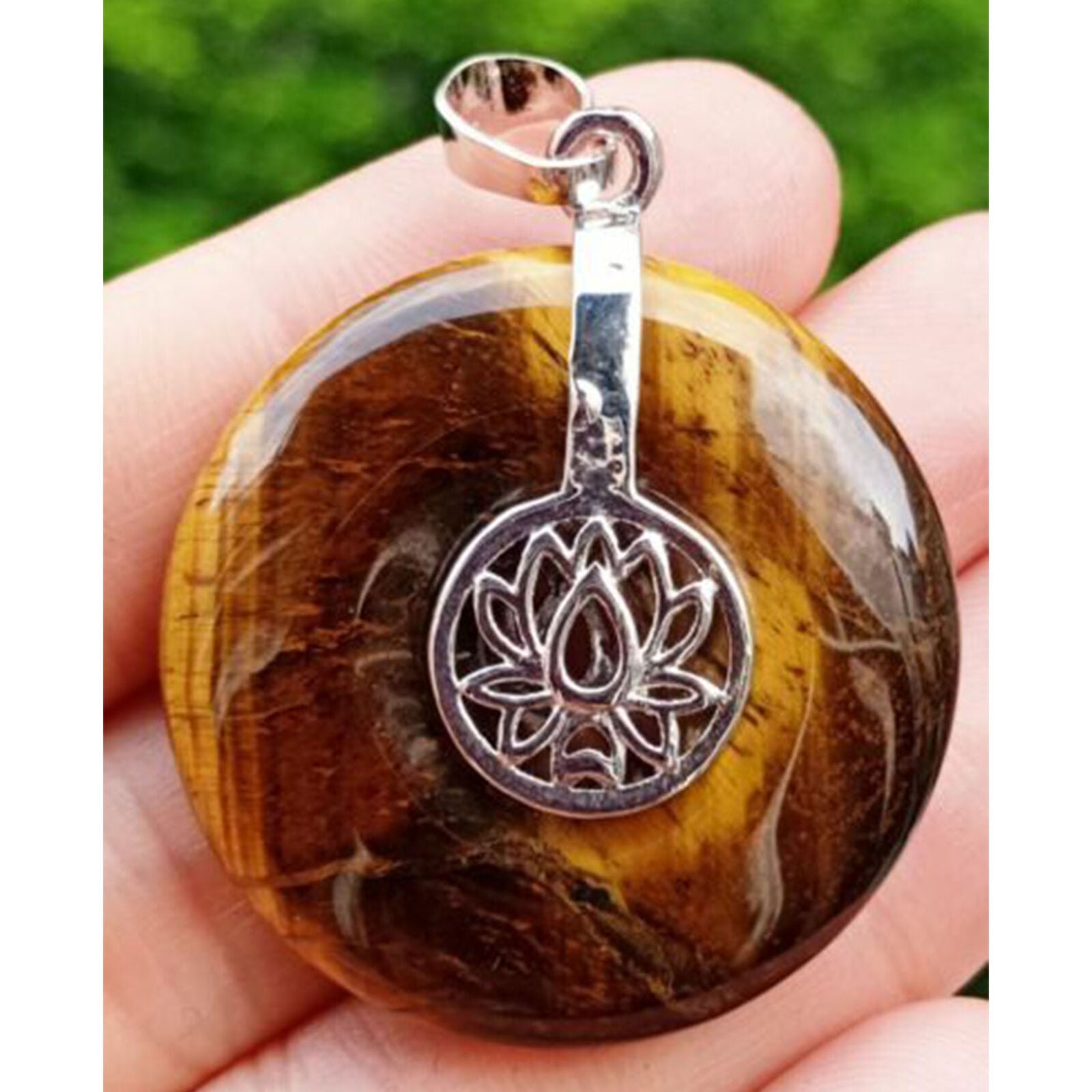 Tiger eye Stone Yoga Lotus Round Pendant Energy Reiki Healing Amulet