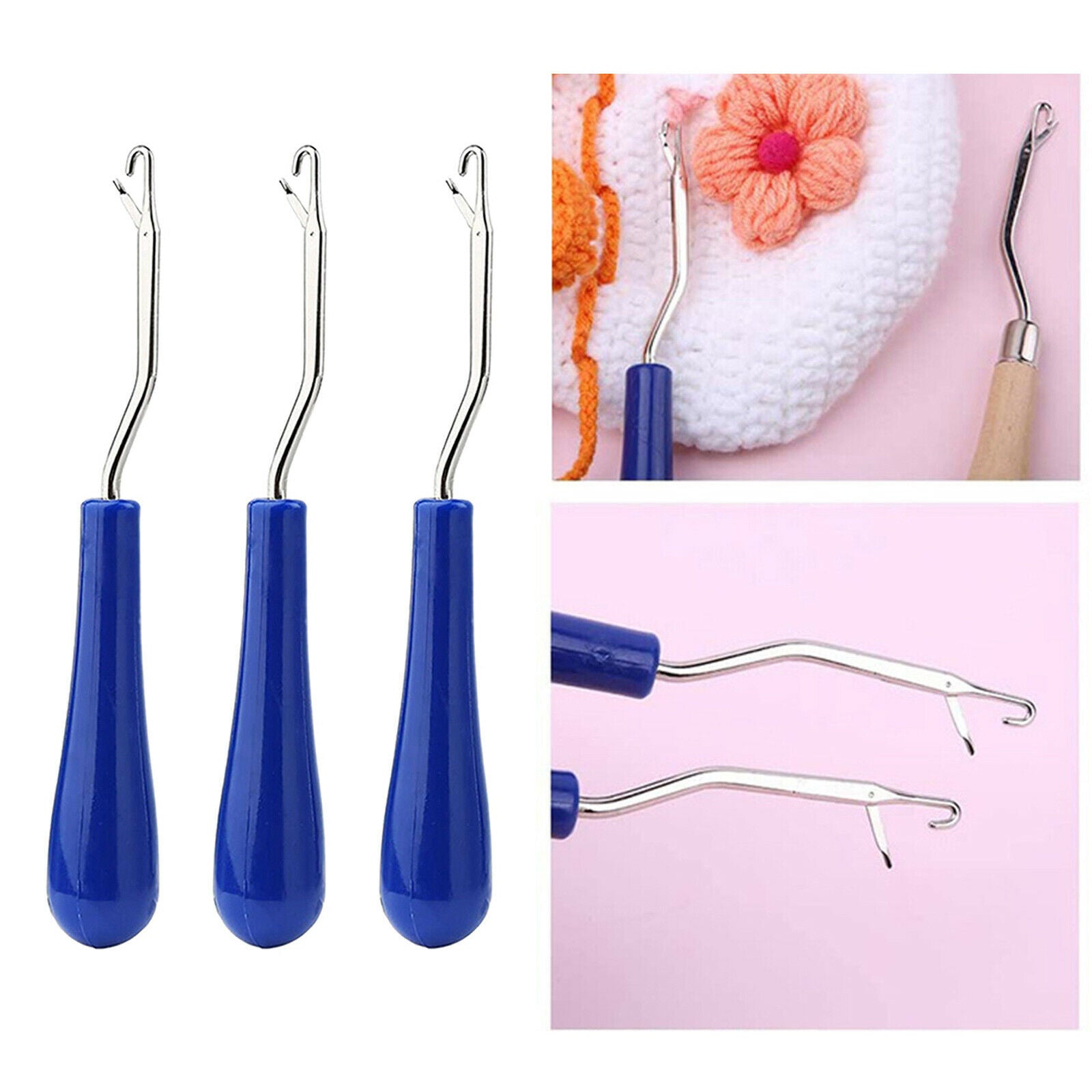 3x Crochet Hook Stitch Rug Making Seam Ripper Braid Hair Weave Knitting Tool