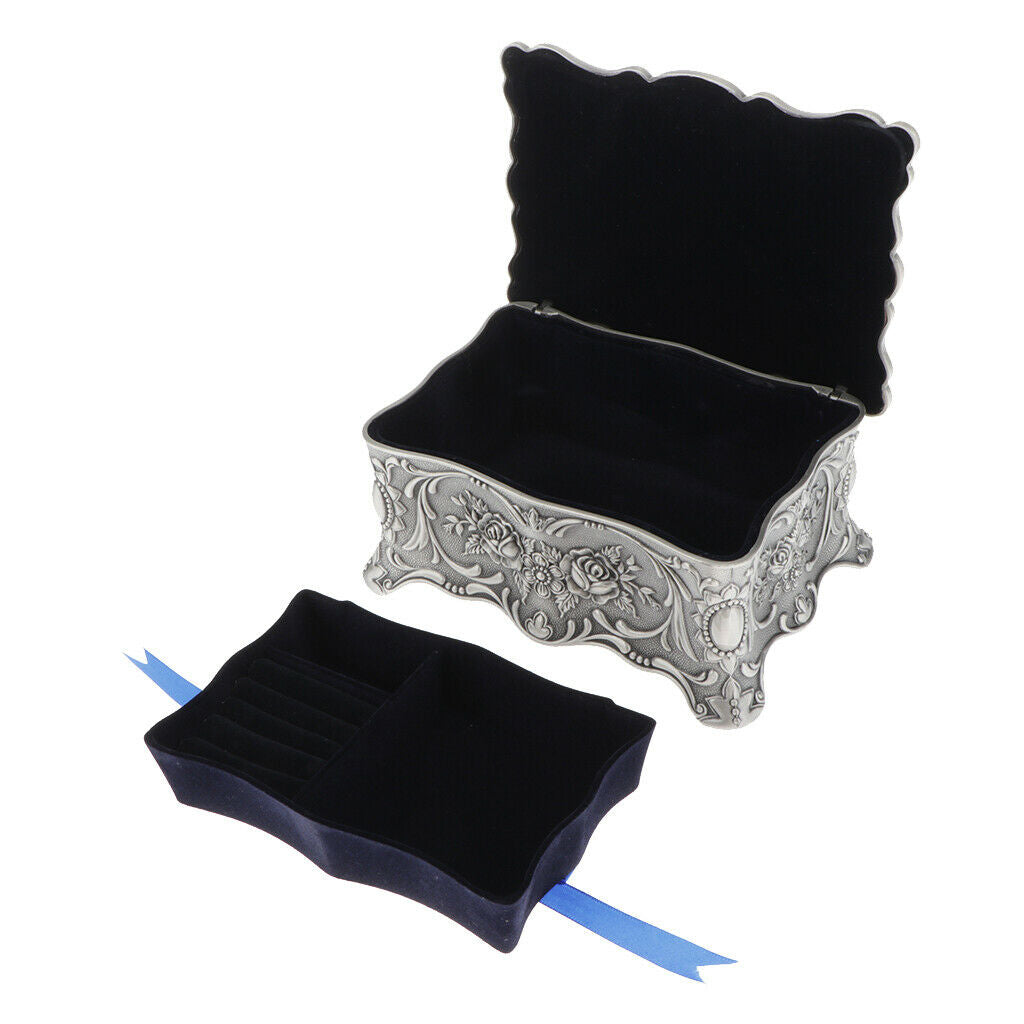 Tin Small Rectangle Jewelry Box Floral Engraved Treasure Storage Ring Case