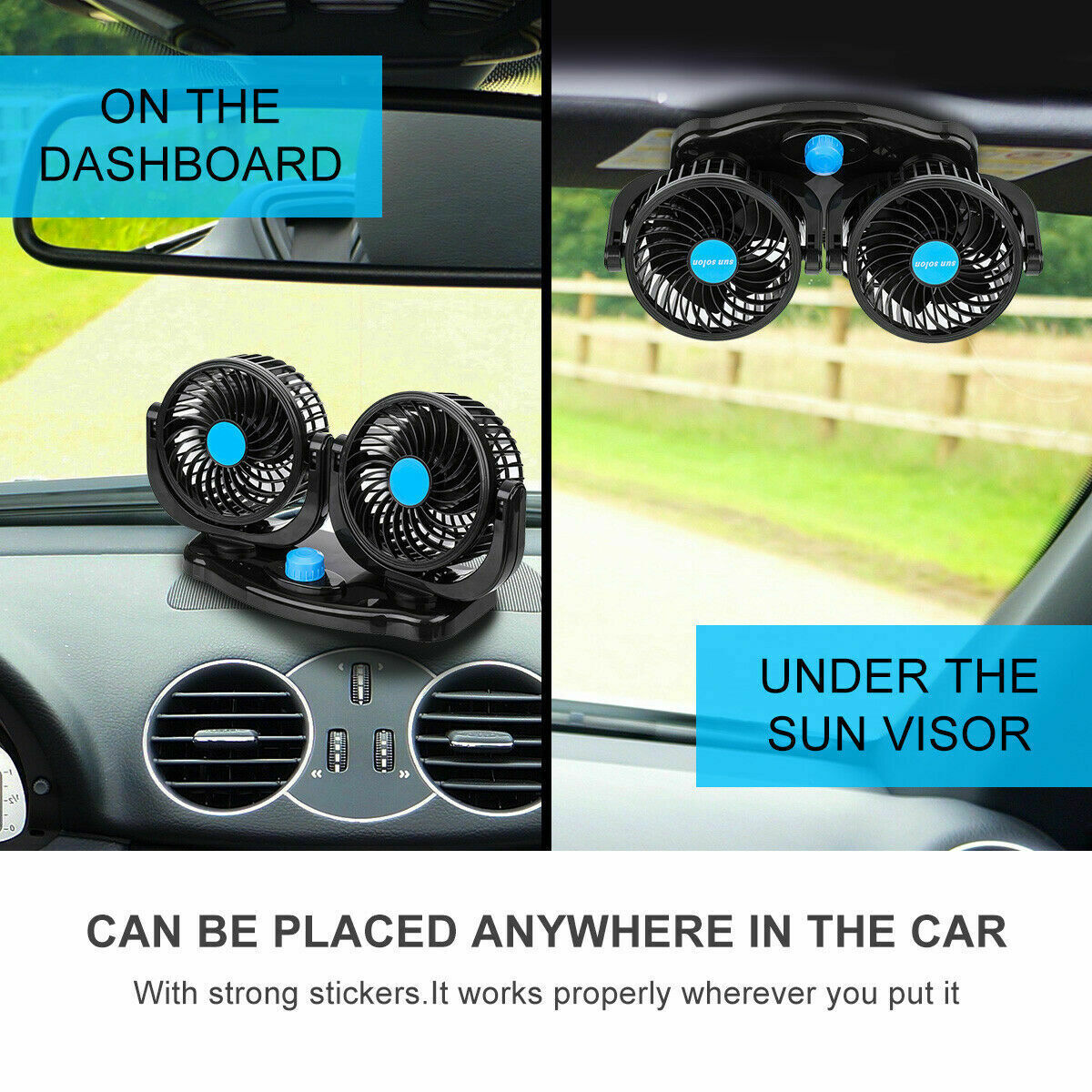 12V Dual Head Car Fan Portable Vehicle Truck 360Â° Rotatable Auto Cooling Cooler