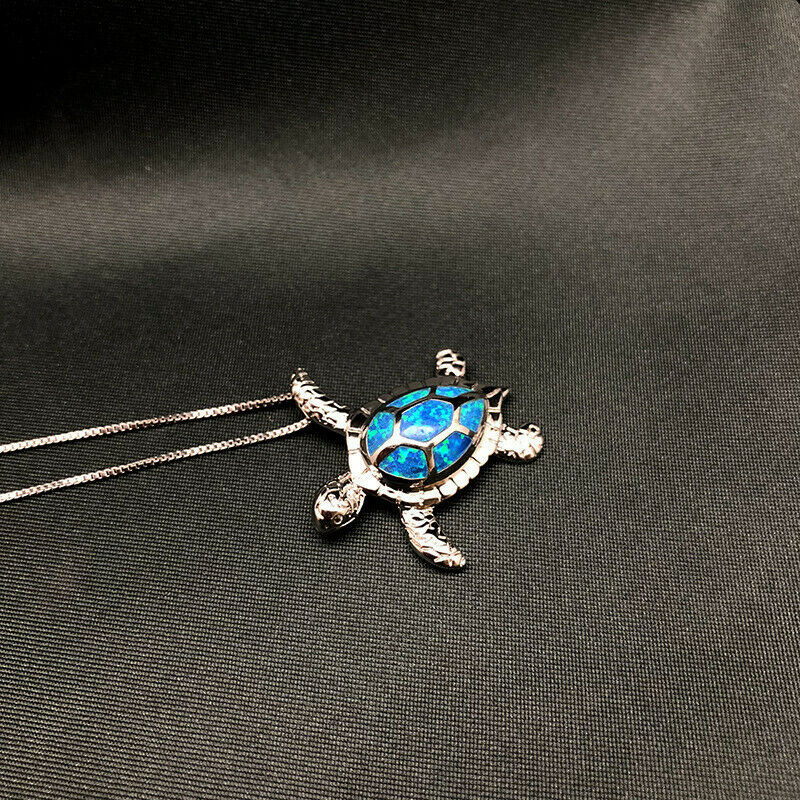 Blue Opal Sea Turtle Pendant Necklace Women Beach Chain Choker Jewellery Gift HN