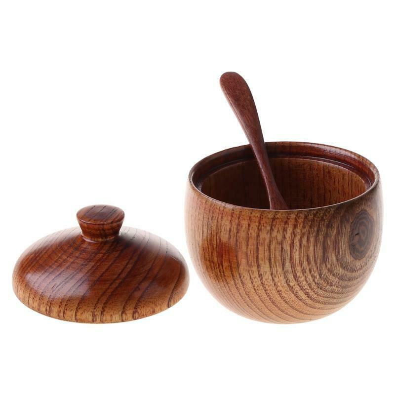 Wooden Salt Box Condiment Seasoning Storage Container Spice Box With Spoon