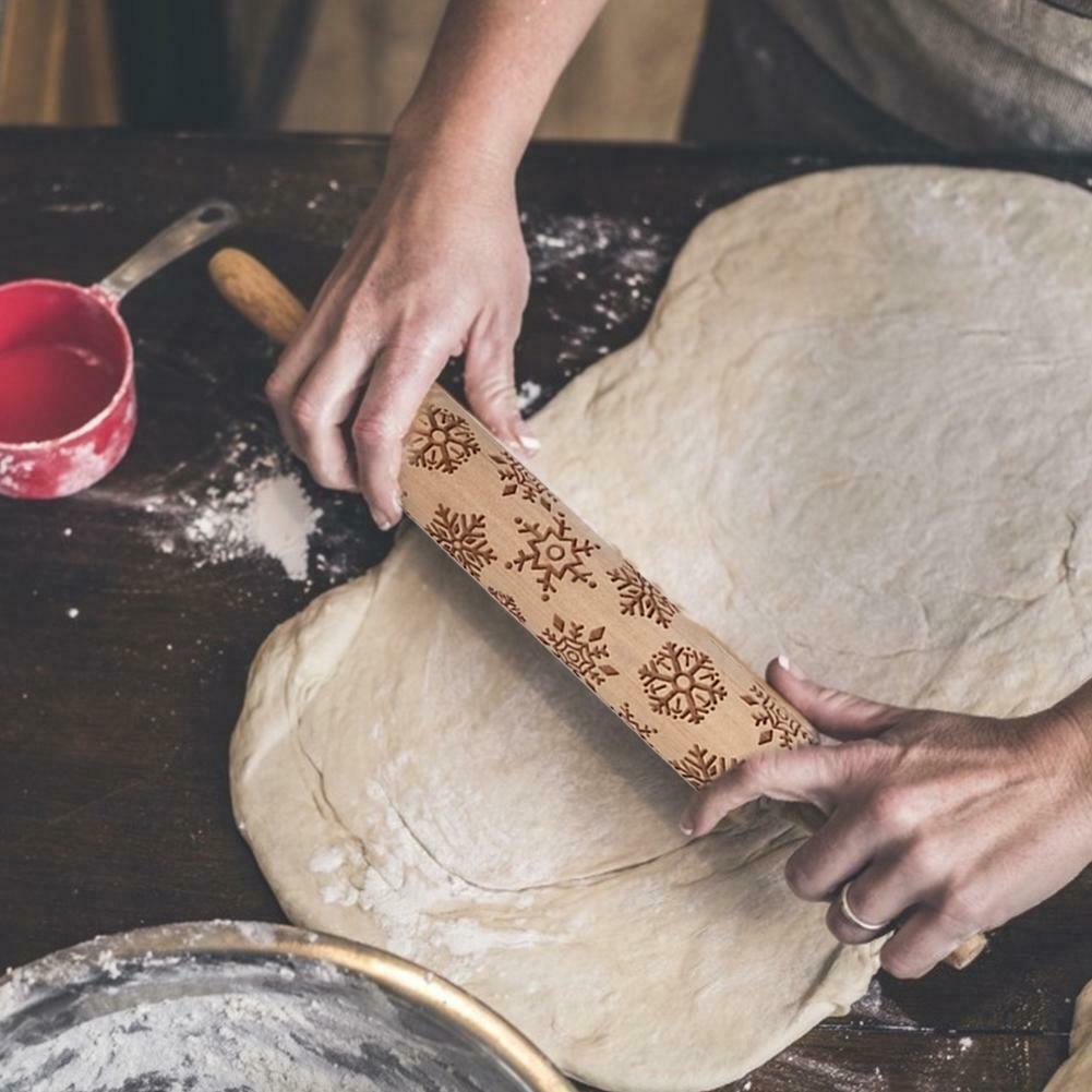 Wood Christmas Gift Embossed Rolling Pins Embossing Baking Cookies Tool @