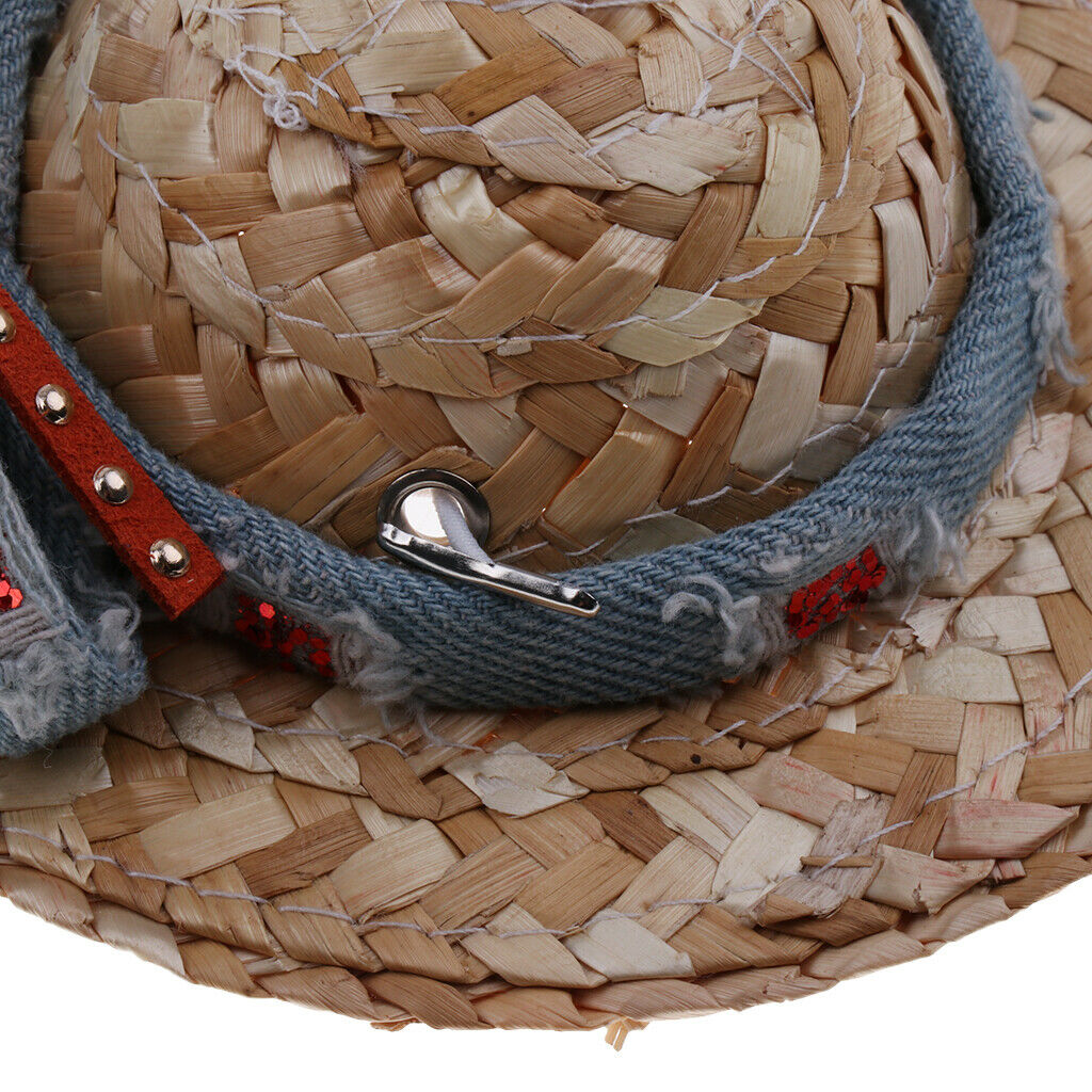 Pet Dog Cat Party Costume Accessory Straw Sombrero Hat Adjustable Buckle Denim M