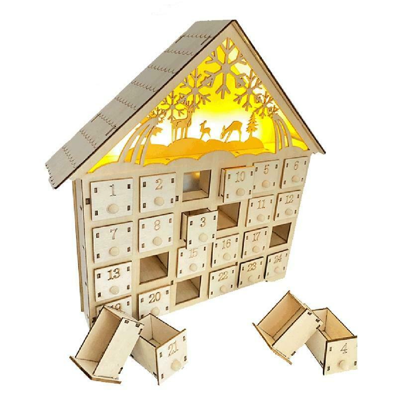 Elk Snowflake Wooden Christmas Countdown Calendar LED Lighted Wood House Xmas