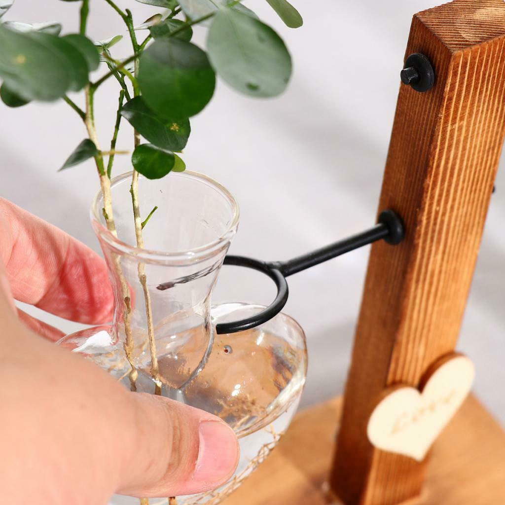 Love Heart Shape Glass Hydroponic Flower Vase Container w/Wooden Stand Decor