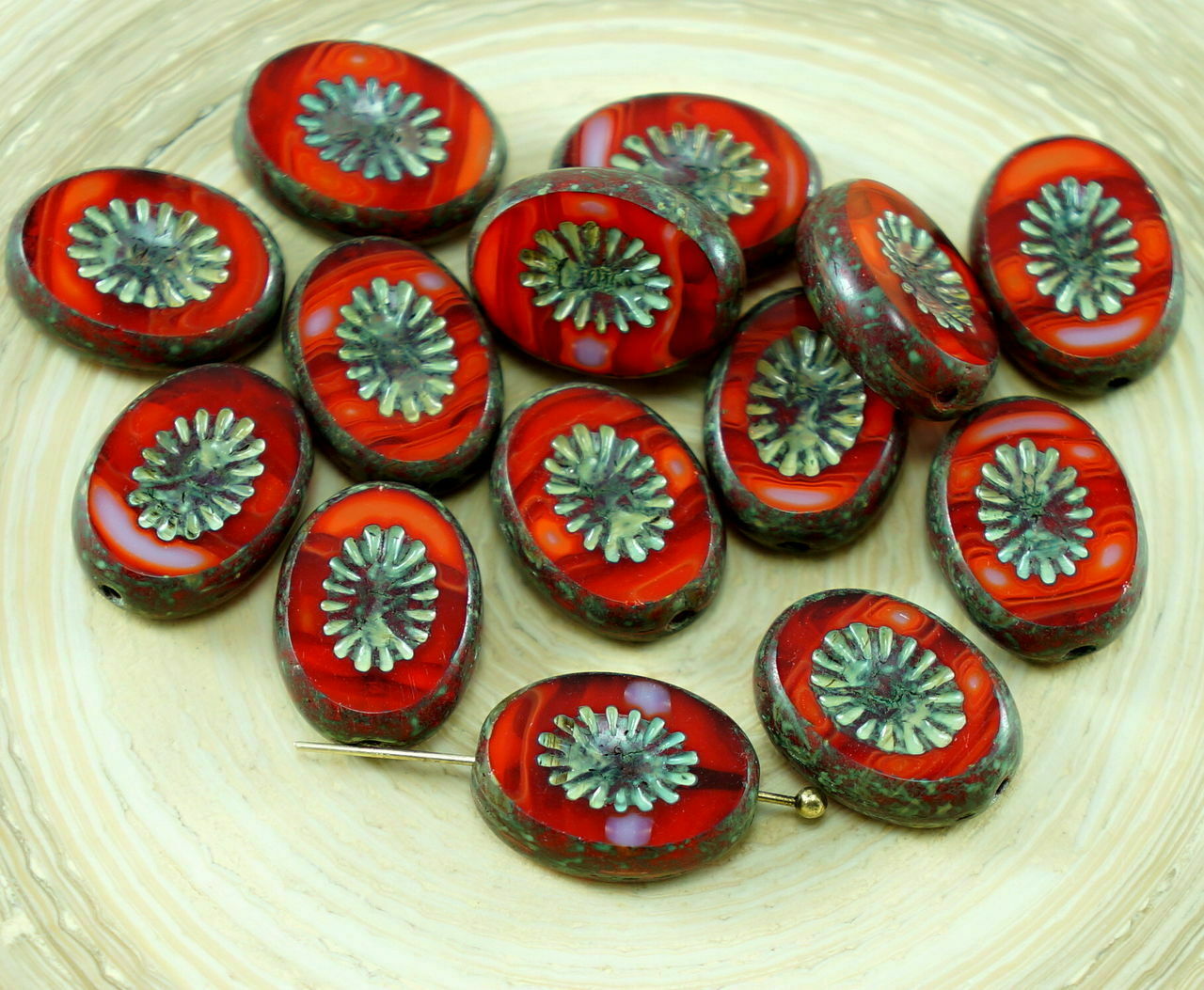 8pcs Picasso Brown Orange Striped Rustic Window Table Cut Flat Kiwi Oval Czec...