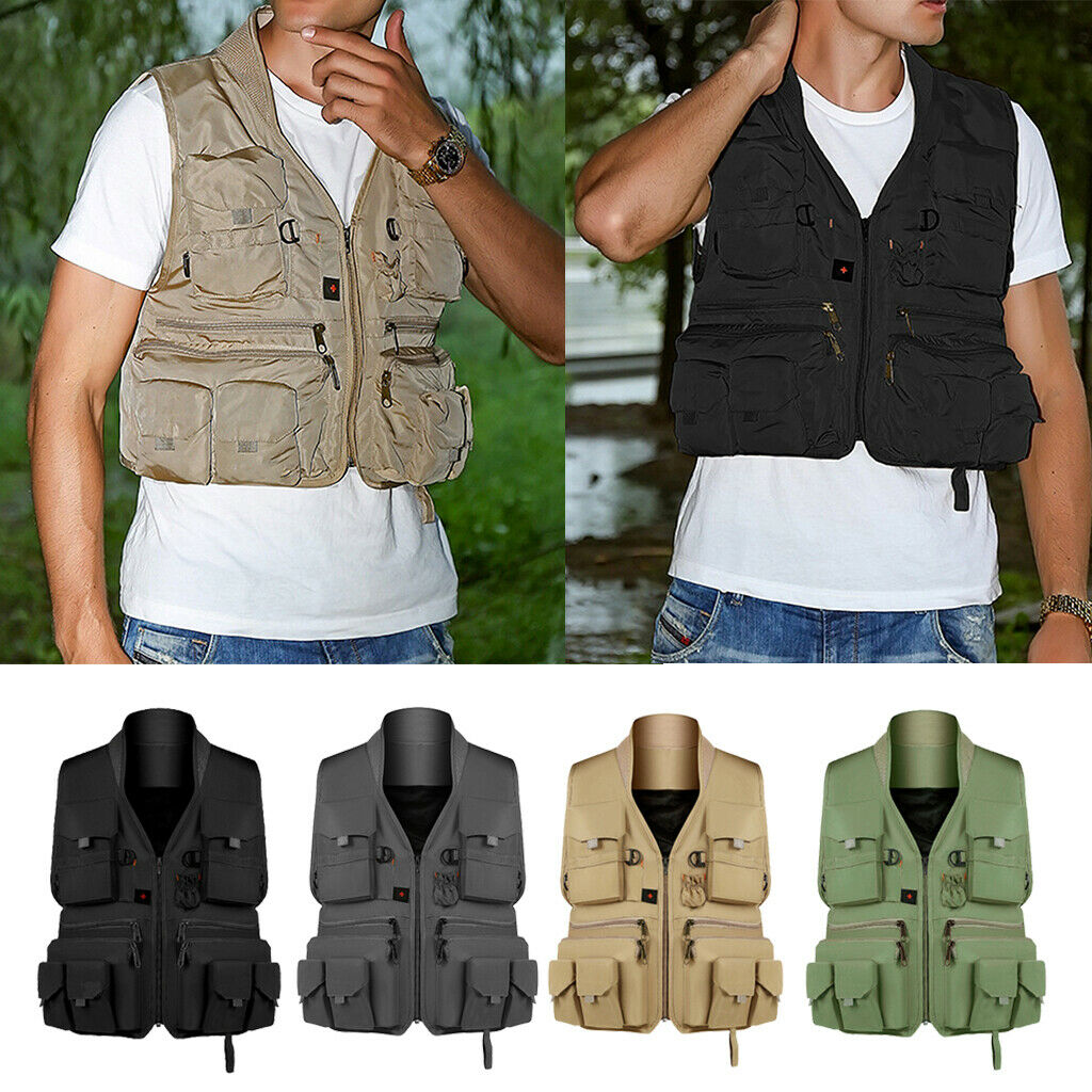 Multi Pocket Photography Hunting Fishing Vest Jacket Waistcoat Khaki XL