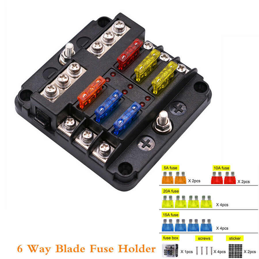 6 Way Car Auto Boat Marine Bus UTV Blade Fuse Box Block Cover 12V LED Indicators