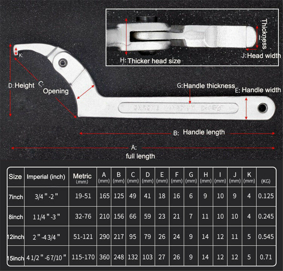 Adjustable Hook Wrench Chrome C Spanner Tool Square Head 7Inch 3/4"-2" 19-51MM