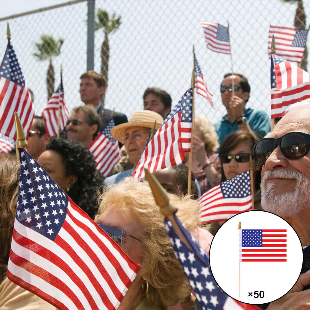 50Pack American Stick Flag Small Mini Hand Held USA Flags with Pole ,Party