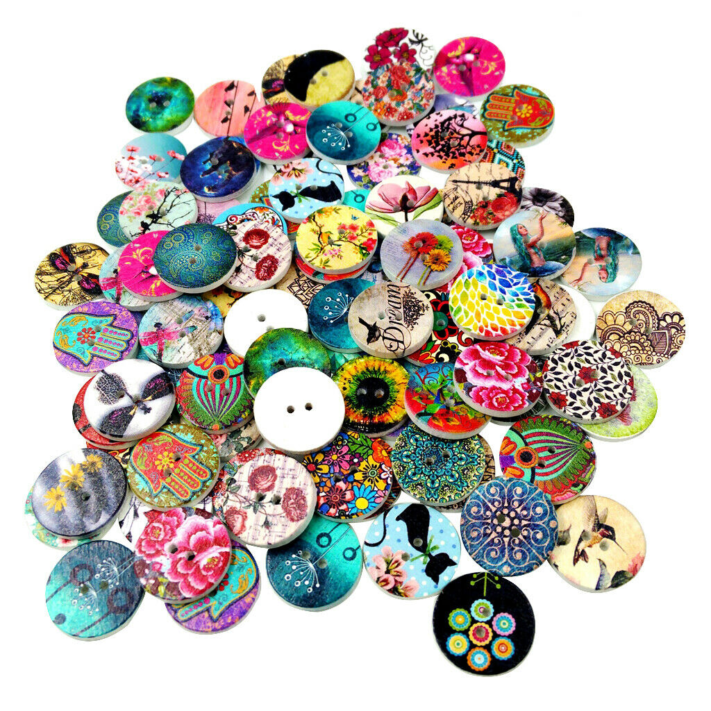 400Pcs 20mm Round Wooden Buttons 2 Holes Floral Pattern Buttons for Sewing