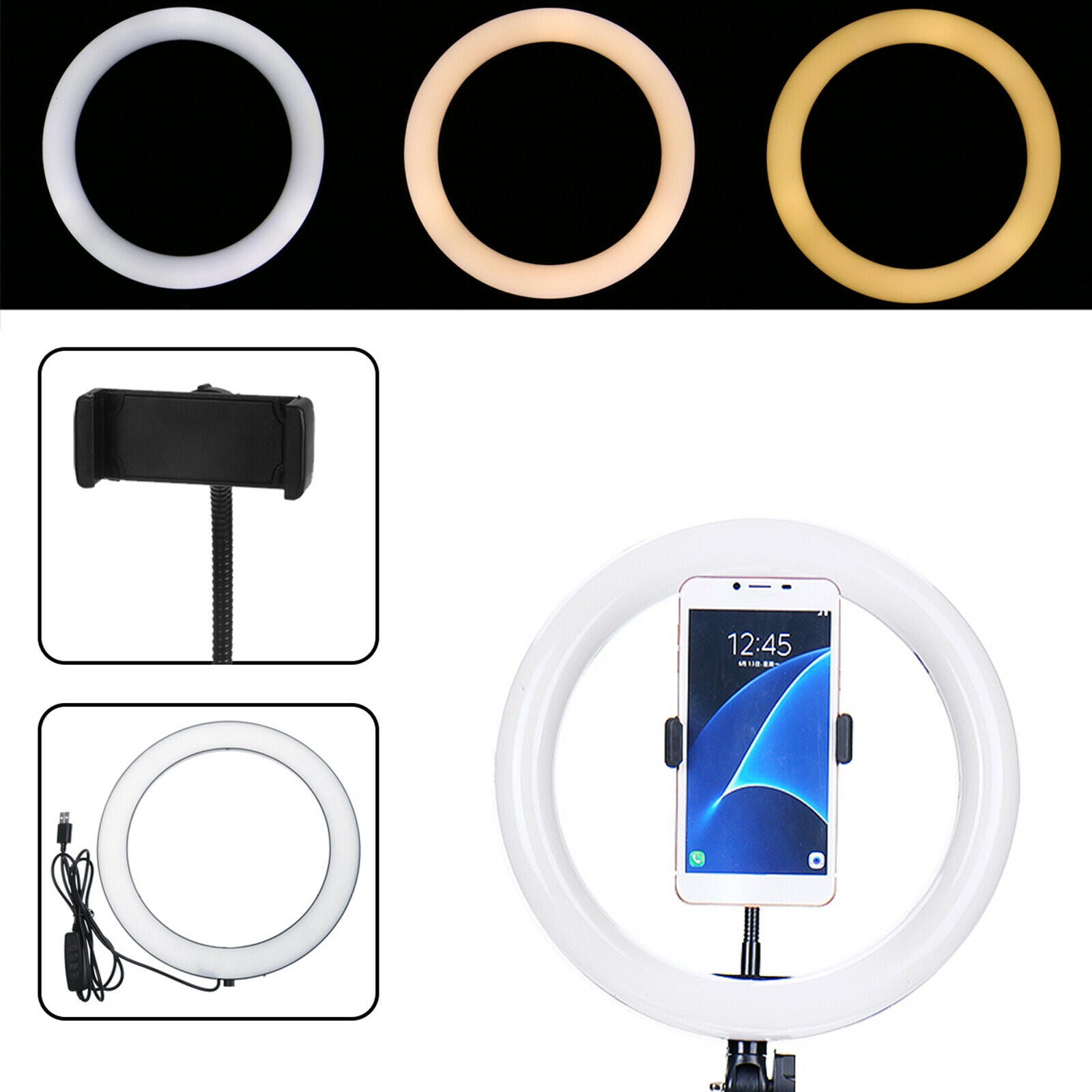 10'' USB Portable Dimmable Makeup Live Selfie Phone Holder LED Ring Light Lamp