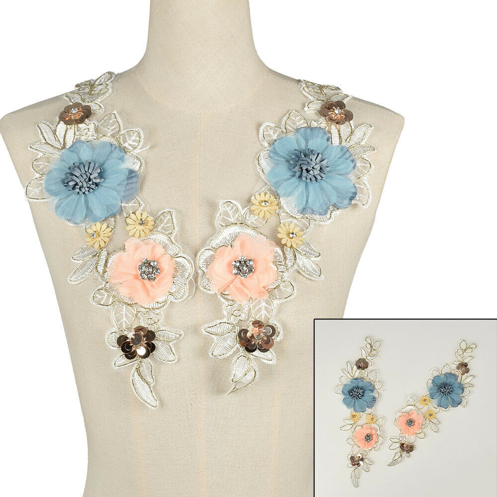 2PCS LaceFlower Patches Sequins Sew on Collar Applique Clothing Badge Decor DIY