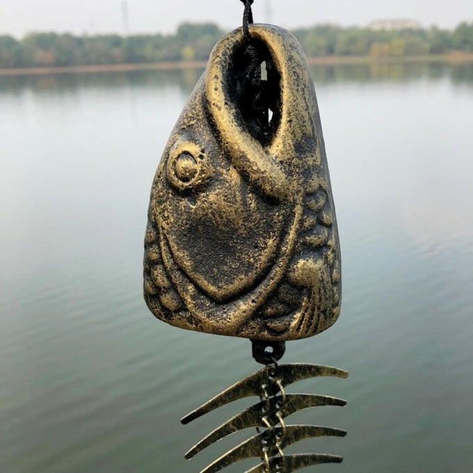 Metal Cast Iron Bronze Fish Bone Bell Wind Chime Home Garden Decor21'' /53cm