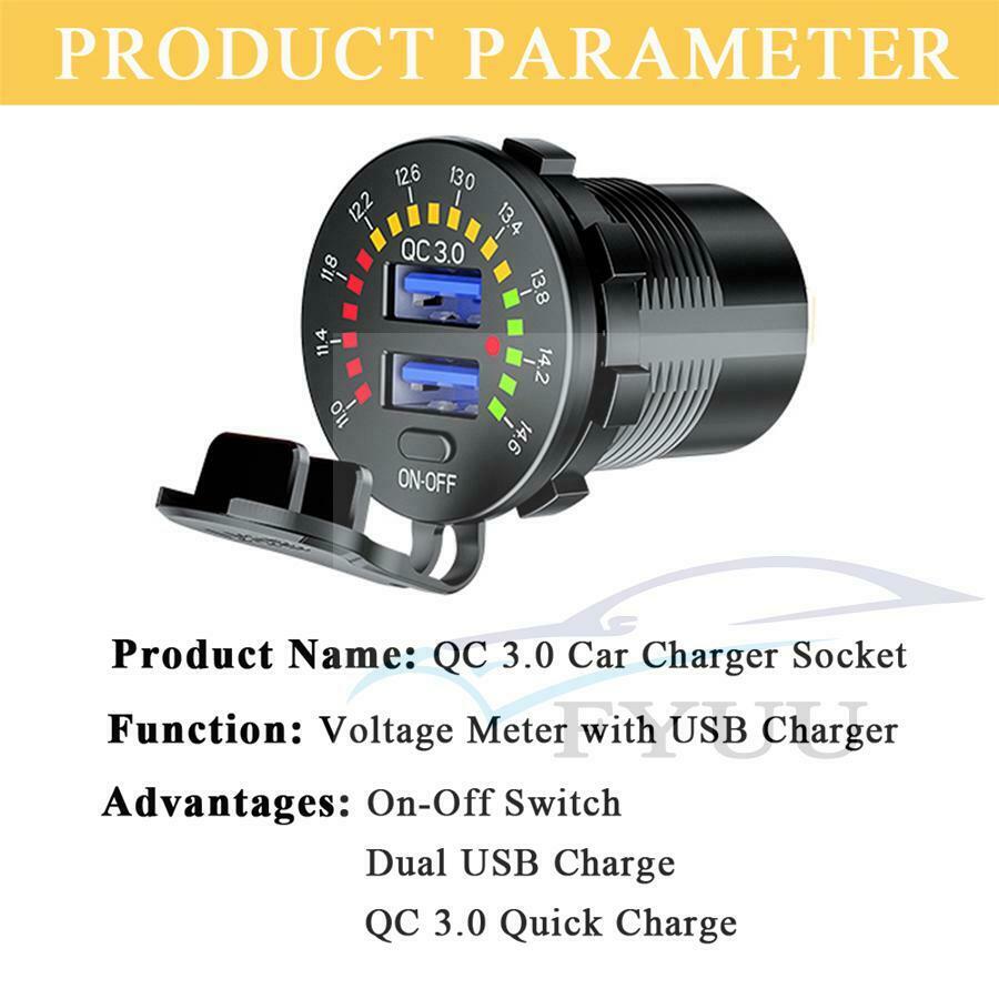 Car USB Socket QC 3.0 Dual USB Charger Voltage Meter On Off Switch Phone Charger