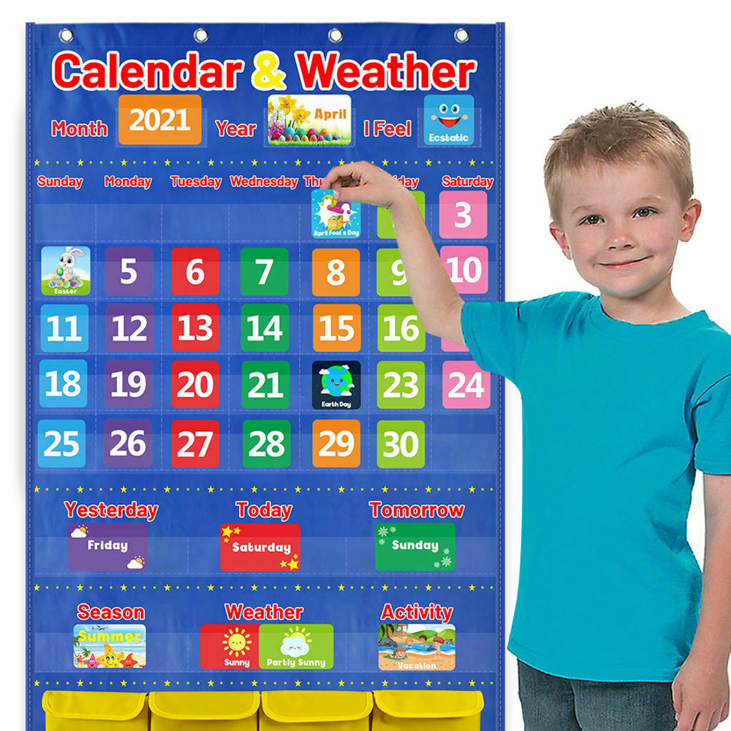 Classroom Calendar Pocket Chart with 114 Cards, 44.5”x 28”School Calendar