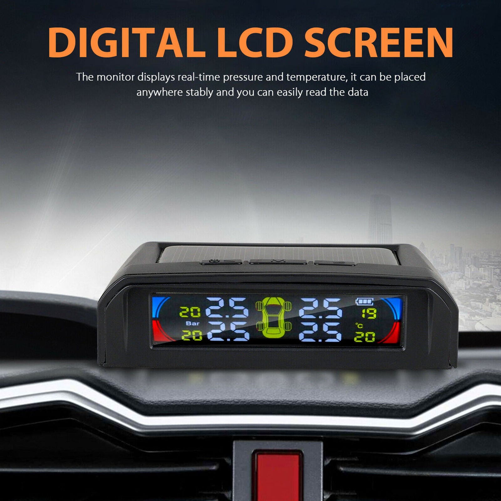 Car Tire Pressure Monitoring System LCD Solar Wireless TPMS + 4 External Sensors
