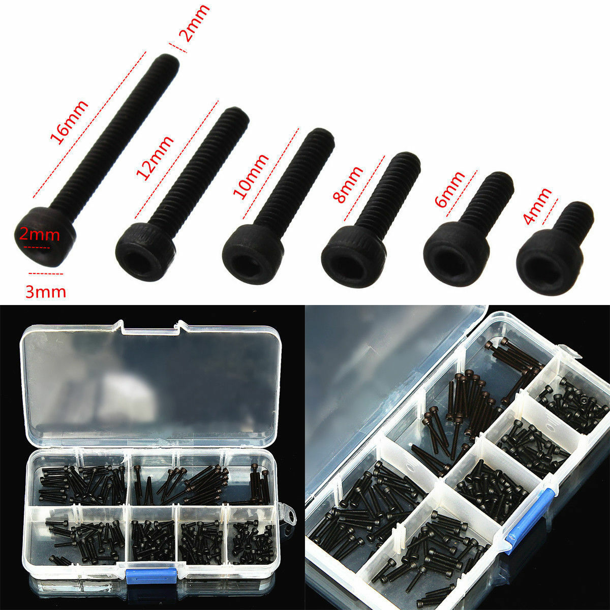 180pcs M2 Carbon Steel Hex Socket Head Cap Screw Kit Box Accessories M2Ã—16mm
