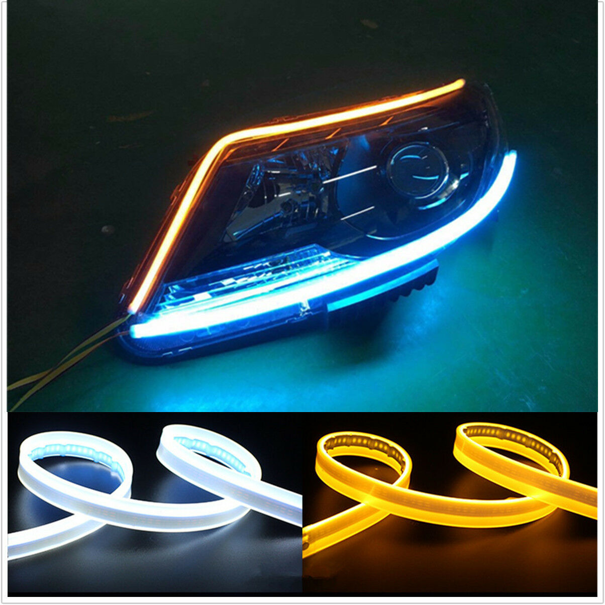 2-Colors White Amber LED Light Strip For DRL Signals Side Marker Light Headlight