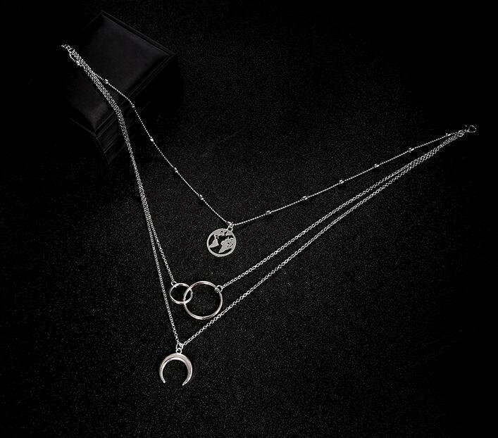 Women Fashion Moon World Map Circle Pendant Multilayer Necklace Jewelry Gifts