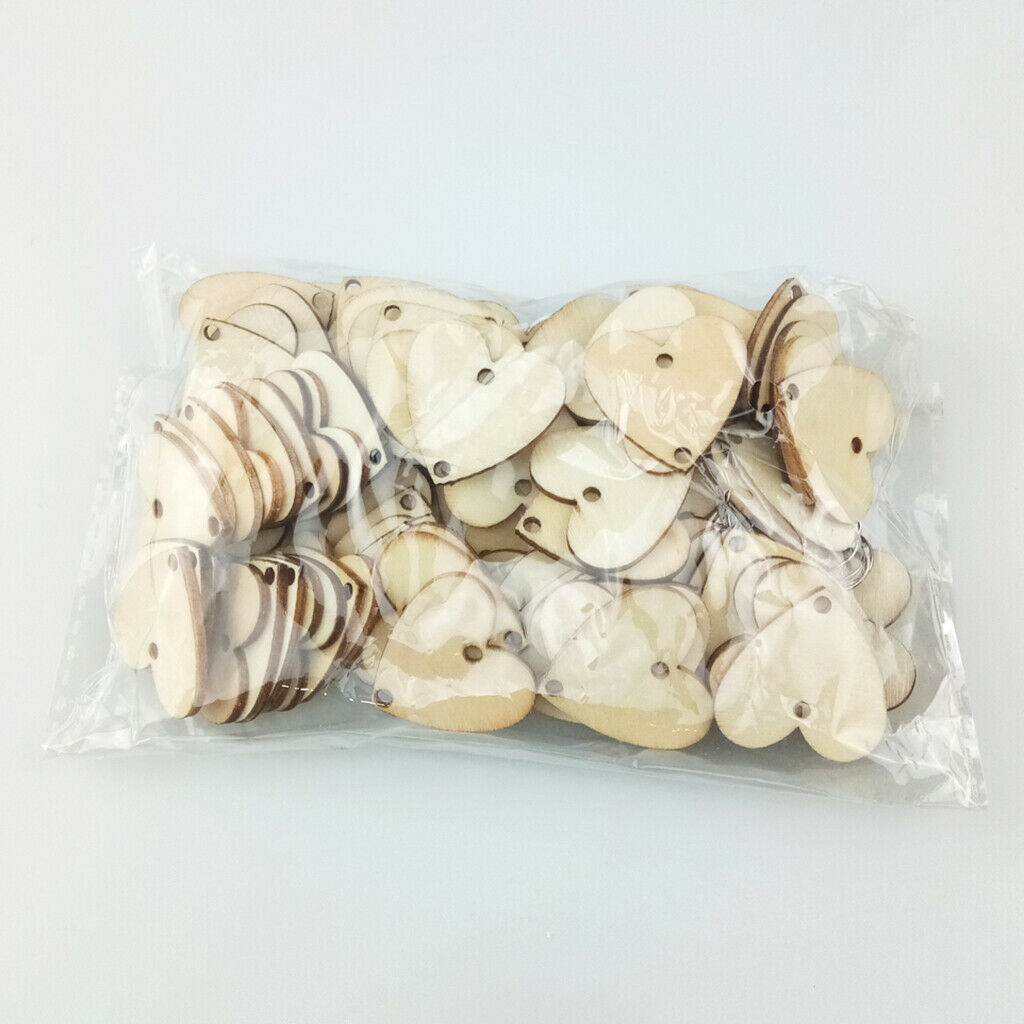 100x Unfinished Wooden Pieces Love Heart Wood Slices Shapes Discs w/ Metal Rings