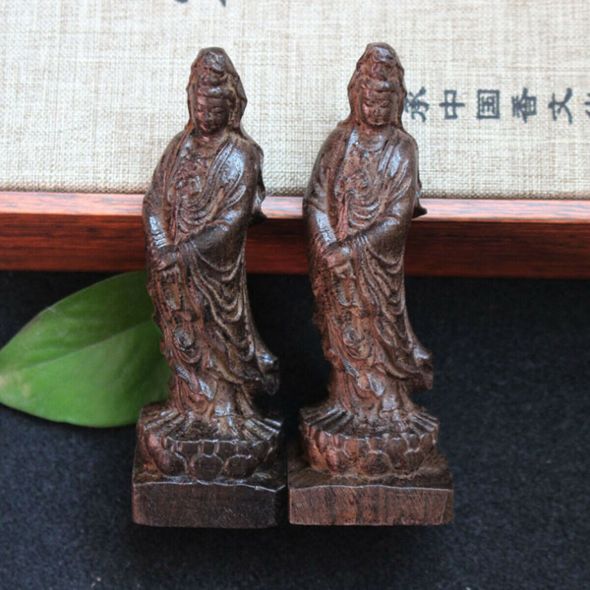 2PCS Sandalwood Carved Buddhism Guanyin Bodhisattva Manual Sculpture Home Decor