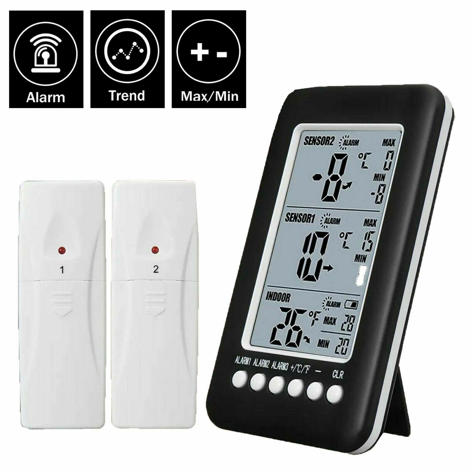Wireless Freezer Fridge LCD Digital Thermometer Alarm Weather Station + 2 Sensor