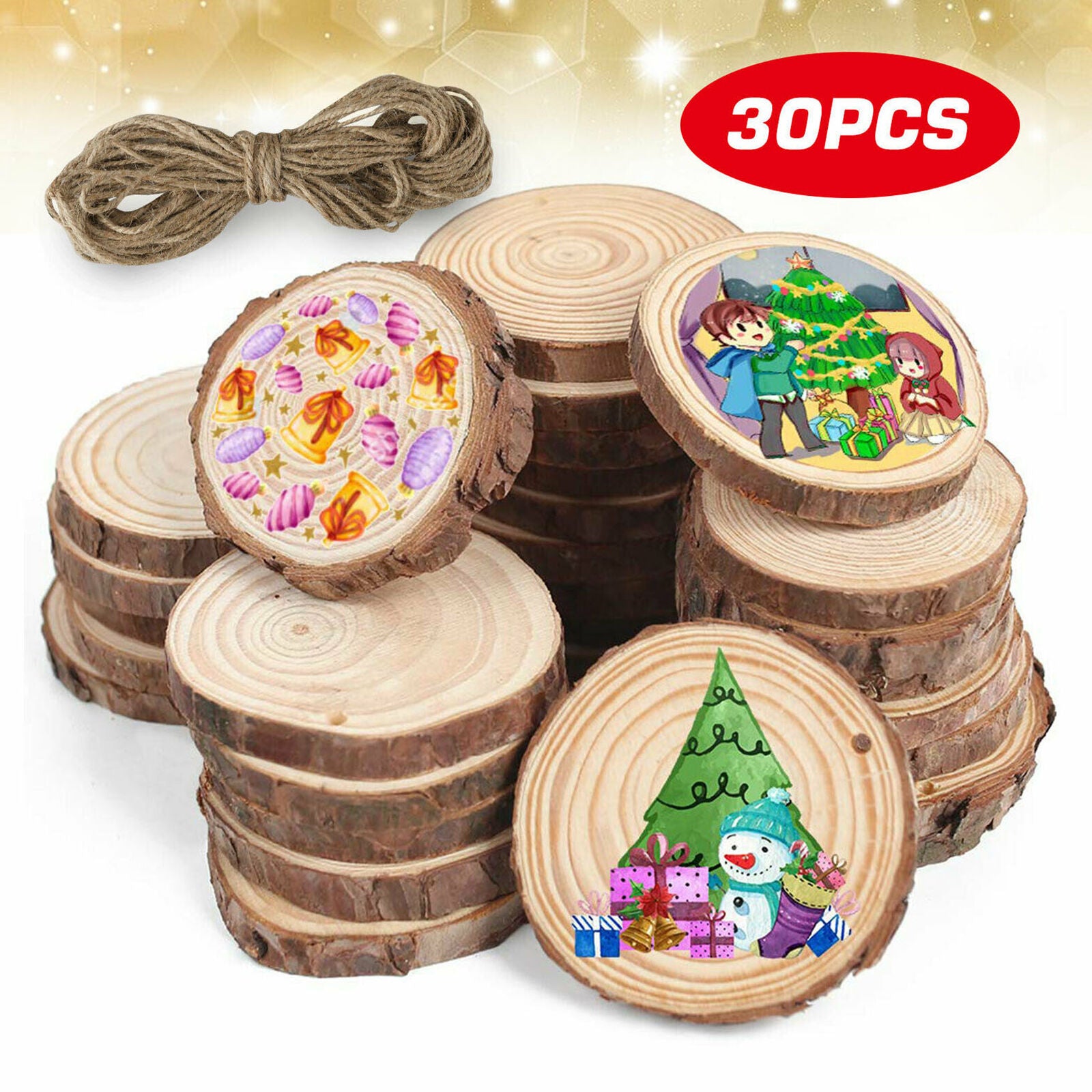 30x Natural Wood Slices Round Disc Tree Bark Log Wooden Circles for DIY Craft