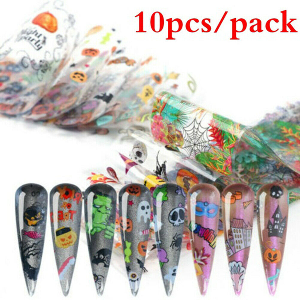 10Pcs Halloween Nail Stickers Pumpkin Skeleton Nail Art Stickers Tip Foil Decals