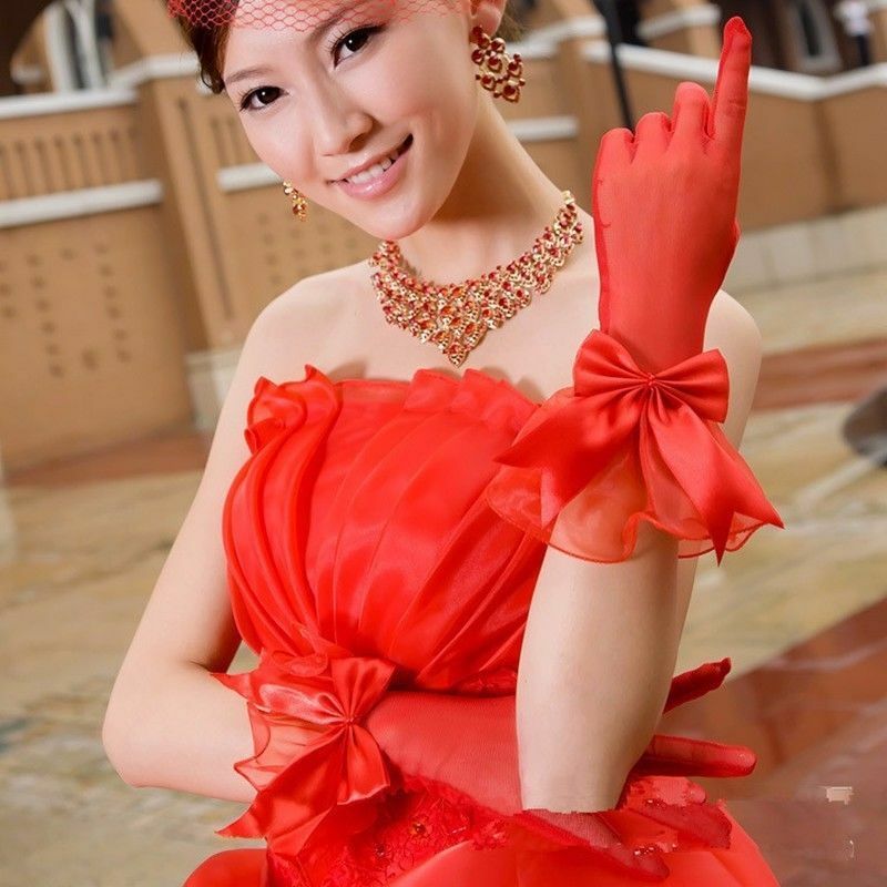Womens Red Bow Gloves Full Finger Formal Wedding Bridal Gloves Driving Gloves