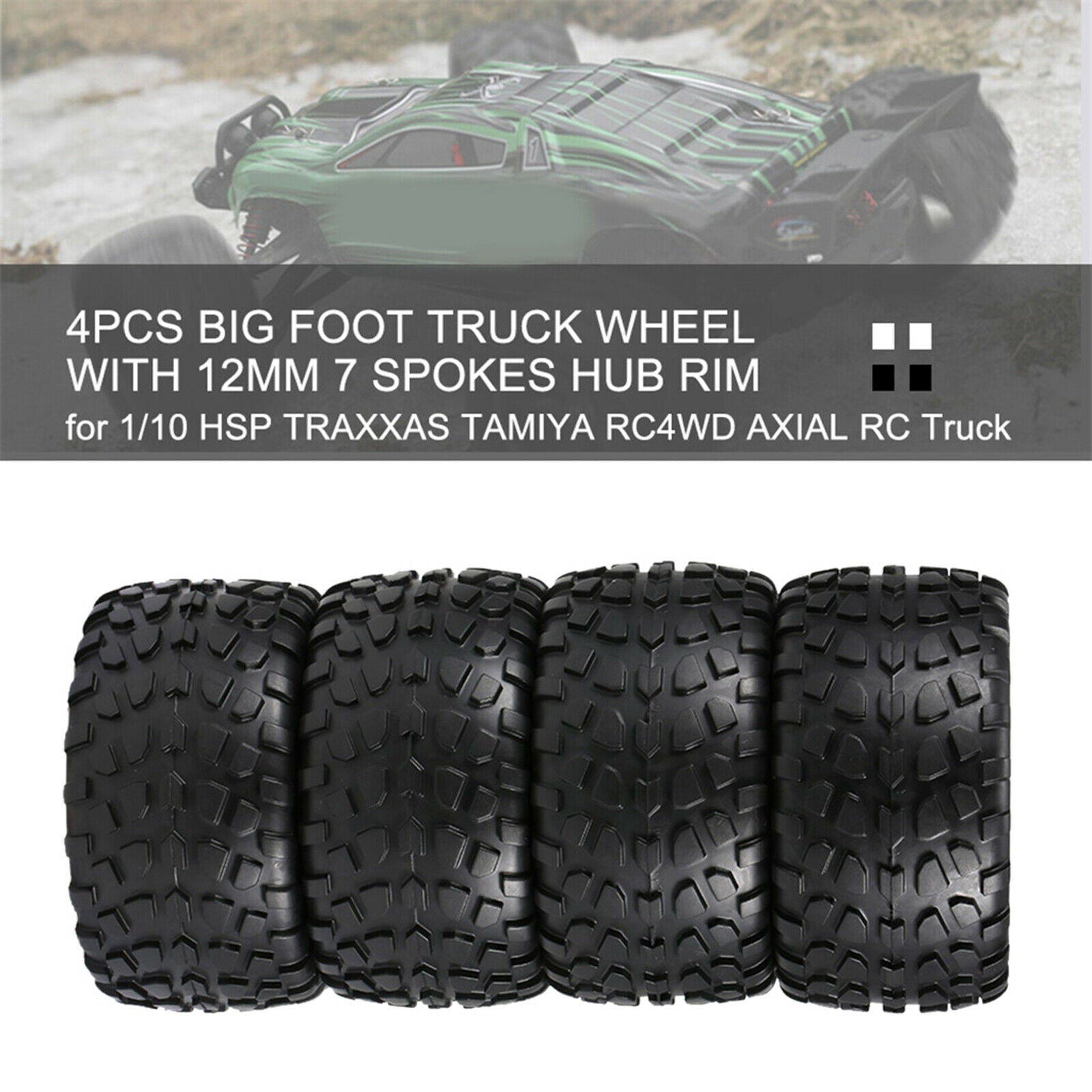 4-Pack RC Car Trunk Hub Wheel Rim &Tires for 1/10 RC Car Truck Replaces