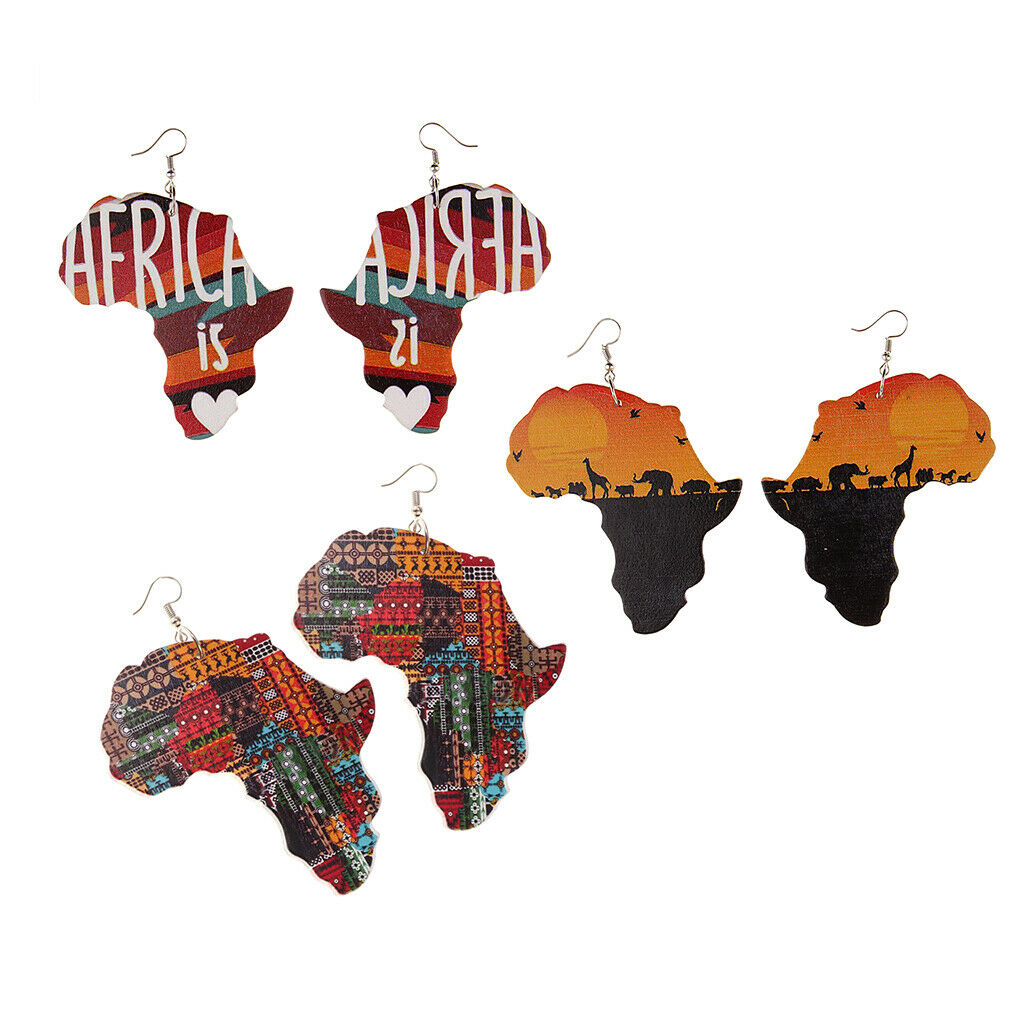 Ethnic Natural wooden African Map Tribal Club Women Dangle Earrings 3Pairs