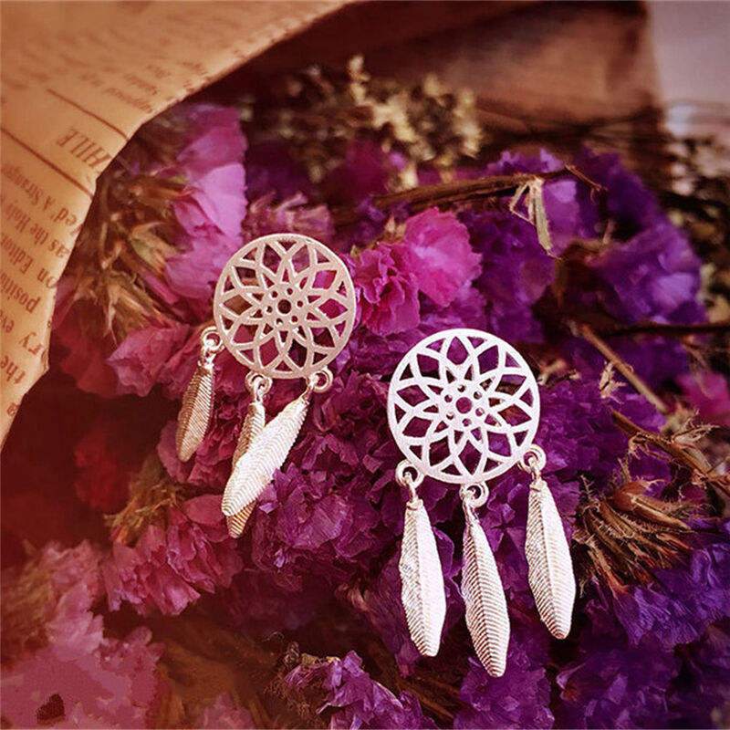 1Pair Bohemia Women Dream Catcher Feather Ear Stud Drop Earrings Jewelry  H Rf