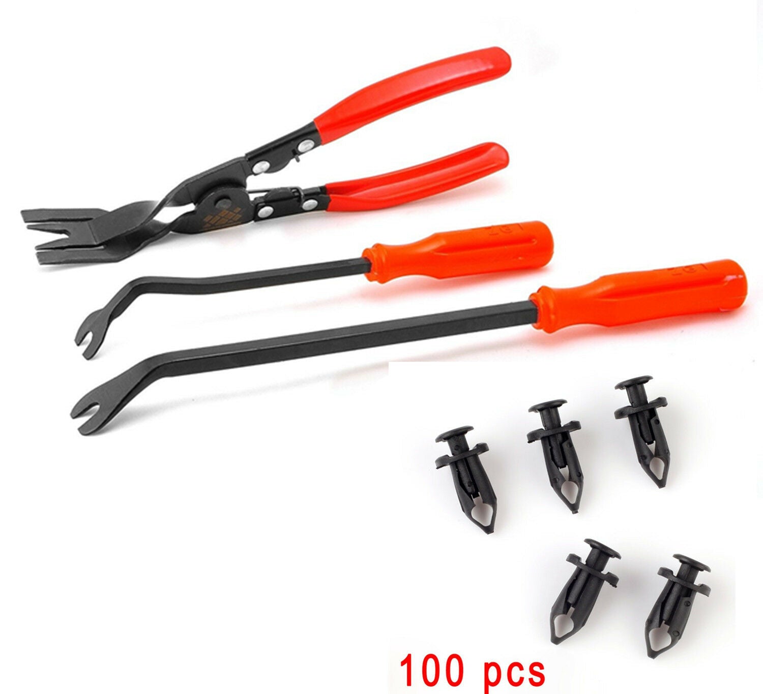 3PCS Car Moulding Trim Pry Tool Pliers+100pc Plastic Push Retainer Fastener Clip