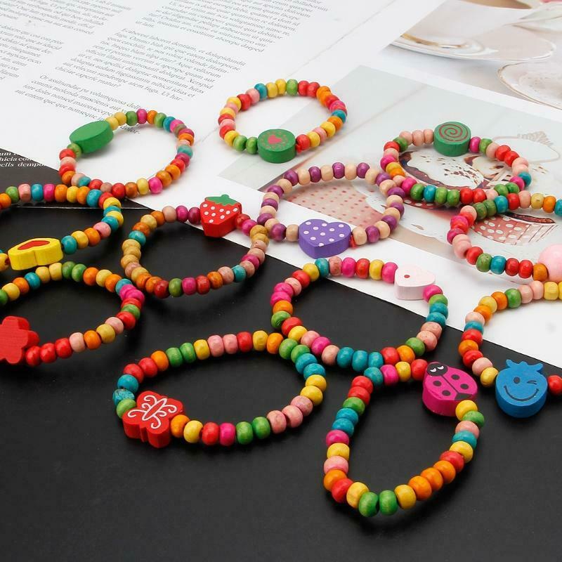 12Pcs Colourful Wooden Bracelets Little Girls Bracelets Kit Kids Fashion Jewelry
